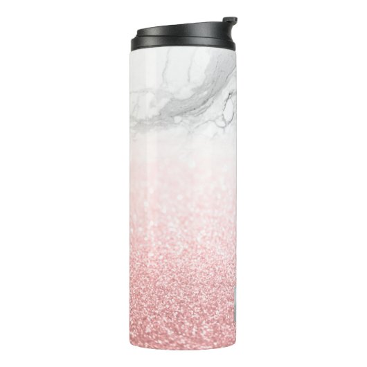 PixDezines WHITE MARBLE+FAUX ROOS GOLD GLITTERS Thermosbeker (Gedraaid links)