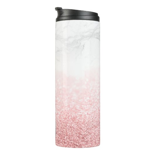 PixDezines WHITE MARBLE+FAUX ROOS GOLD GLITTERS Thermosbeker (Geroteerd rechts)