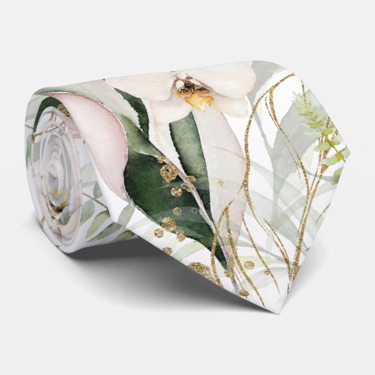 PixDezines White Orchids Green Gold Stropdas (Opgerold)