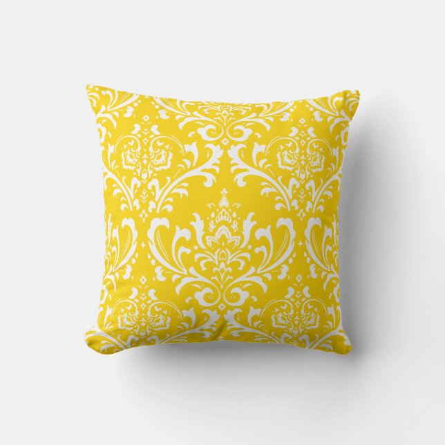 PixDezines White Rossi Damask/Yellow/DIY kleur Kussen (Voorkant)