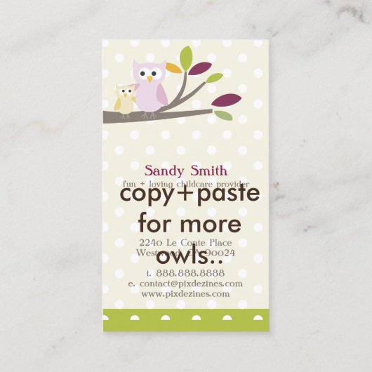 PixDezines Whoot's Daycare Visitekaartje (Achterkant)