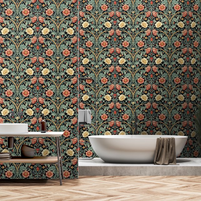 PixDezines  William Morris Bloemen Sinaasappel Behang (Badkamer)