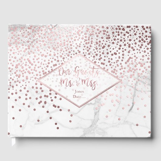 PixDezines WIT MARMER+FAUX ROOS GOUD CONFETTI Gastenboek (Voorkant)