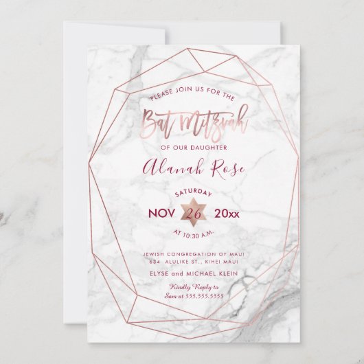 PixDezines Wit Marmeren Vleermuis Mitzvah/Roos Gou Kaart (Achterkant)