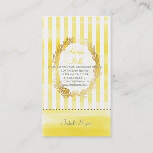 PixDezines witte strepen/citron digitale waterverf Visitekaartje (Achterkant)