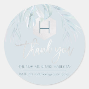 PixDezines Zilveren Palmen Monogram, Bedankt Ronde Sticker