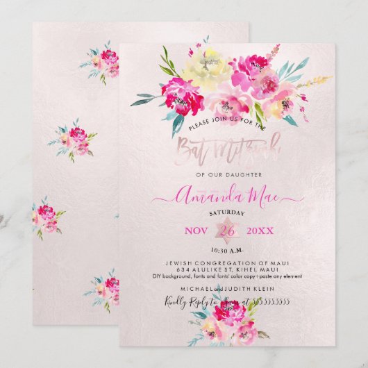 PixDezines Zomer Pioenrozen Watercolor Bat Mitzvah Kaart (Voorkant / Achterkant)