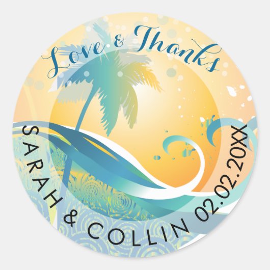 PixDezines zonsondergang/retro golven/palmbomen Ronde Sticker (Voorkant)