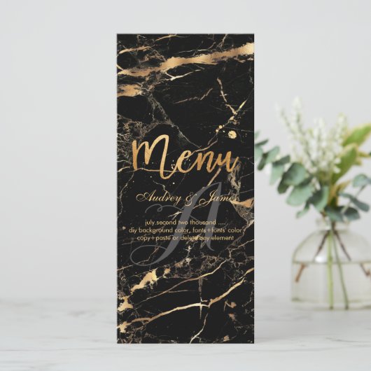 PixDezines Zwart Marmer/Shine Menu/Faux Gold Menu (Staand voorkant)