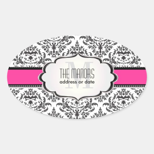 PixDezines Zwart+Wit Céline Damask/DIY kleur Ovale Sticker (Voorkant)