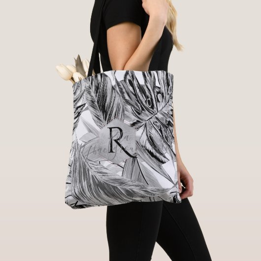 PixDezines zwart + wit groen, tropische monsters Tote Bag (Dichtbij)