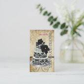 PixDezines  Zwarte damast taart/pâtisserie Visitekaartje (Staand voorkant)