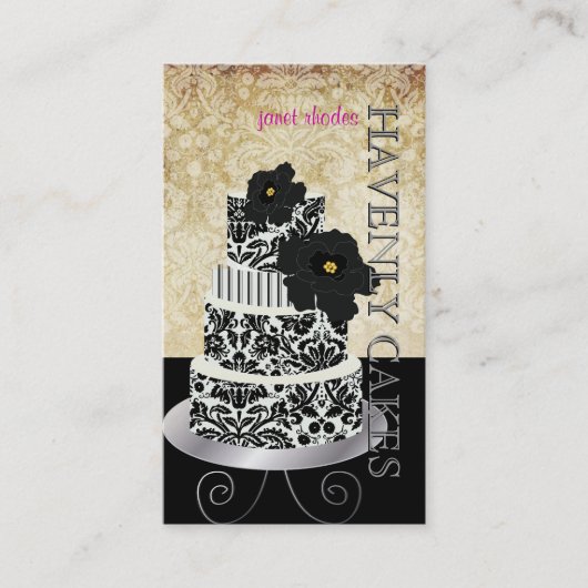 PixDezines  Zwarte damast taart/pâtisserie Visitekaartje (Voorkant)