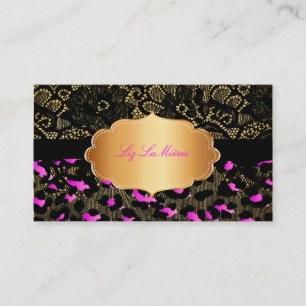 PixDezines zwarte kant+roze cheetah Visitekaartje