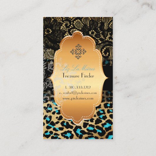 PixDezines ZWARTE LACE+BLAUWGROEN CHEETAH/LEOPARD Visitekaartje (Achterkant)