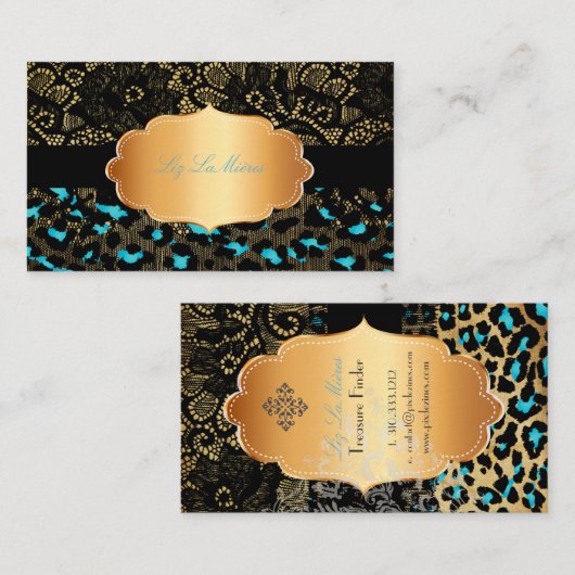 PixDezines ZWARTE LACE+BLAUWGROEN CHEETAH/LEOPARD Visitekaartje (Voorkant / Achterkant)