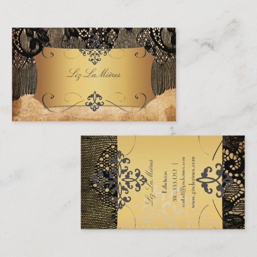 PixDezines  ZWARTE LACE/FAUX PARCHMENT Visitekaartje (Voorkant / Achterkant)