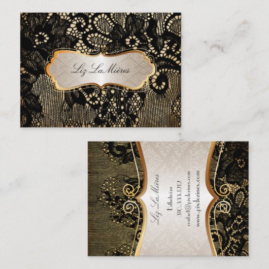 PixDezines  ZWARTE LACE/FAUX PARCHMENT Visitekaartje (Voorkant / Achterkant)