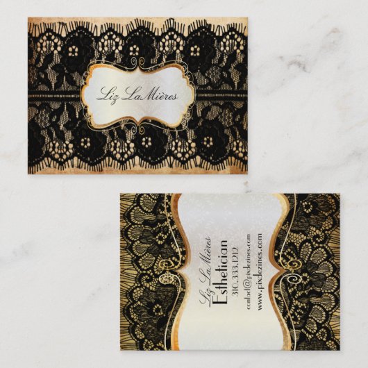 PixDezines  ZWARTE LACE/FAUX PARCHMENT Visitekaartje (Voorkant / Achterkant)