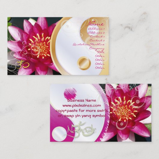 PixDezinesFuschia lotus + parelzwammen + yin yang Visitekaartje (Voorkant / Achterkant)