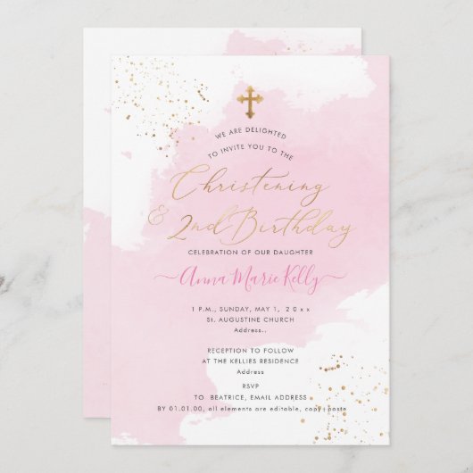 PixDezinesRoze Waterverf doop 2e verjaardag Kaart (Voorkant / Achterkant)