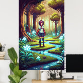 Pixel anime meisje in een dicht bos poster (Thuiskantoor)