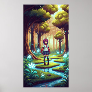 Pixel anime meisje in een dicht bos poster