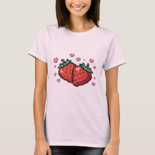 Pixel Art Aardbeien met Harten - Schattigee Retro T-shirt