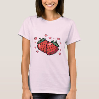 Pixel Art Aardbeien met Harten - Schattigee Retro T-shirt