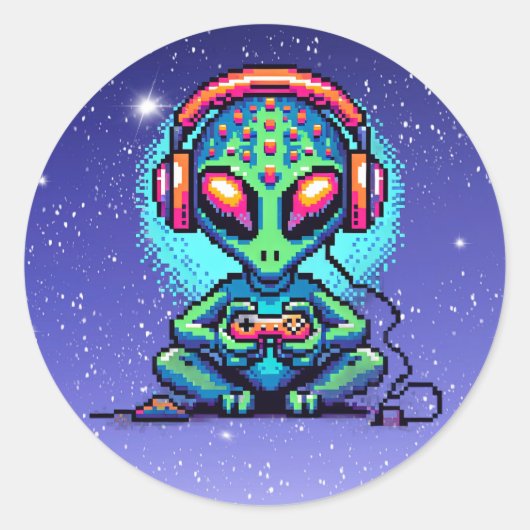 Pixel Art Alien spelen Videospellen Ronde Sticker (Voorkant)