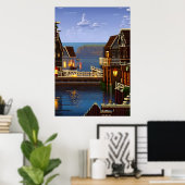 Pixel art, Amerikaanse stad vlakbij de oceaan | AI Poster (Thuiskantoor)