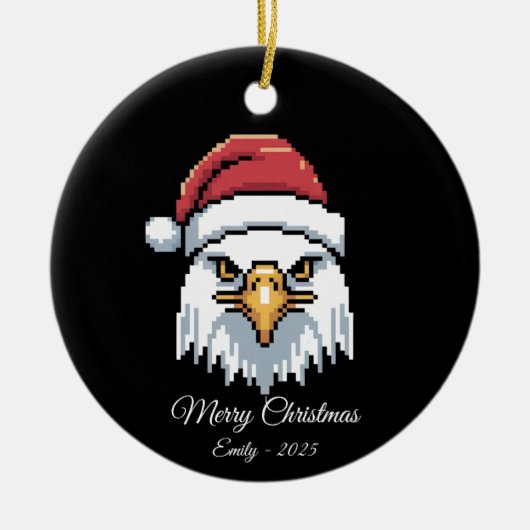 Pixel Art Bald Eagle Santa Hat Keramisch Ornament (Voorkant)
