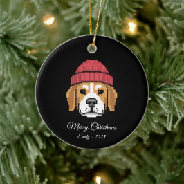 Pixel Art Beagle Hond Winterhoed Keramisch Ornament