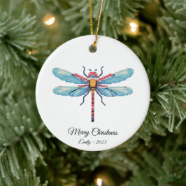 Pixel Art Blauwe Libel Insect Kunst Kerstcadeau Keramisch Ornament