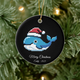 Pixel Art Blauwe Walvis Kerstman Hoed Keramisch Ornament