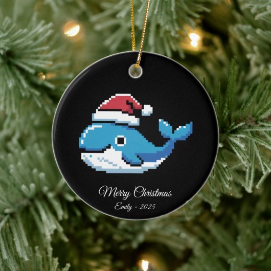 Pixel Art Blauwe Walvis Kerstman Hoed Keramisch Ornament (Boom)