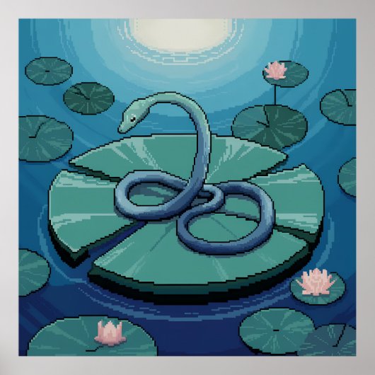 Pixel Art Blue Snake op Lily Pad Poster (Voorkant)