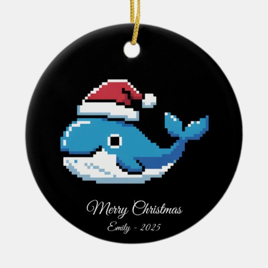 Pixel Art Blue Whale Santa Hat Keramisch Ornament (Voorkant)