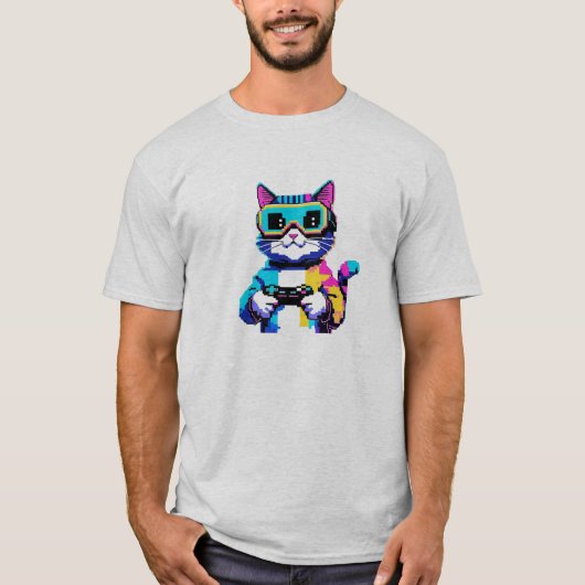 Pixel Art Cat Gamer T-shirt (Voorkant)