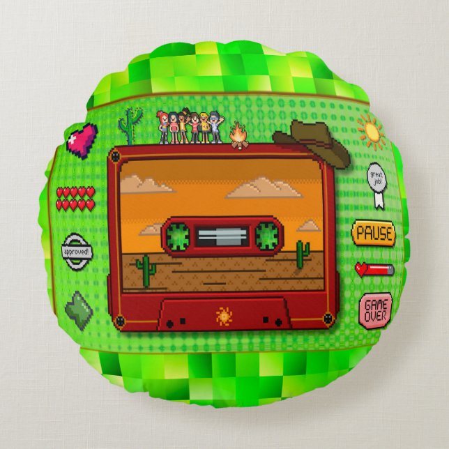 Pixel art denim  rond kussen (Voorkant)