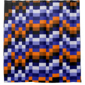 Pixel Art douchegordijn – Blauw, Oranje & Aarde (Voorkant)