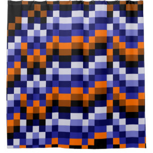 Pixel Art Douchegordijn – Blauw, Oranje & Aarde