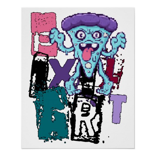 Pixel art en blauw monster perfect poster (Voorkant)