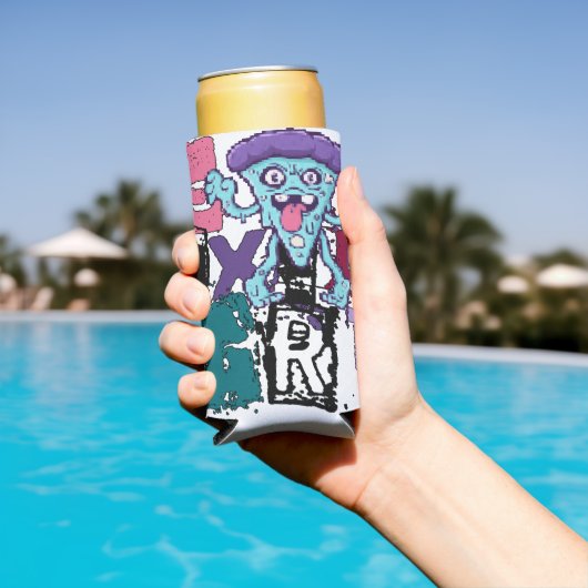 Pixel art en blauw monster seltzer blikjeskoeler (Insitu Zwembad)