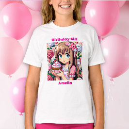 Pixel Art Girl's Pink Birthday Girl gepersonalisee T-shirt