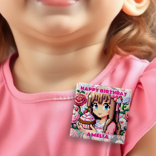 Pixel Art Girl's Pink Birthday Girl gepersonalisee Vierkante Button 5,1 Cm