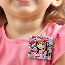 Pixel Art Girl's Pink Birthday Girl gepersonalisee Vierkante Button 5,1 Cm
