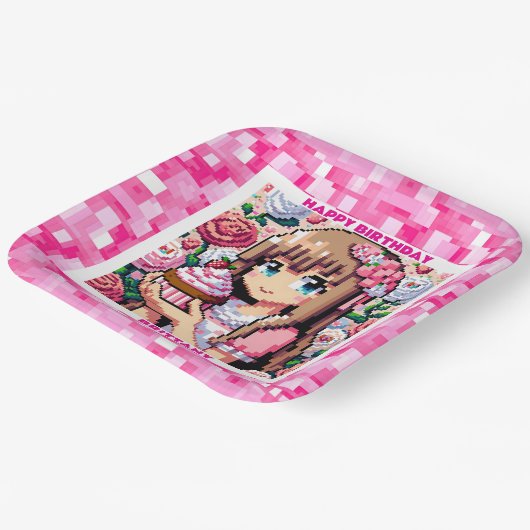 Pixel Art Girl's roze verjaardagsfeestje gepersona Papieren Bordje (Gebogen)