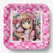 Pixel Art Girl's roze verjaardagsfeestje gepersona Papieren Bordje (Voorkant)