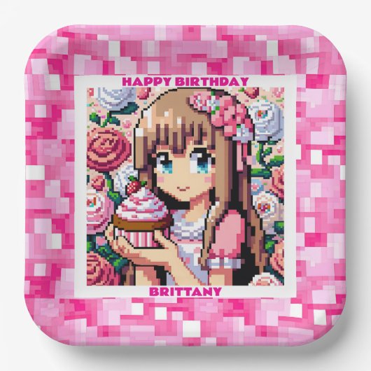 Pixel Art Girl's roze verjaardagsfeestje gepersona Papieren Bordje (Voorkant)